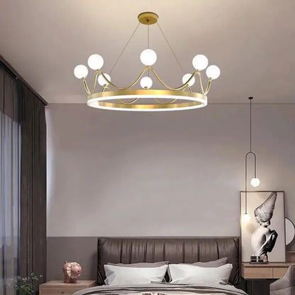 Elegant gold crown led chandelier with multiple white spherical bulbs for kids room pendant light
