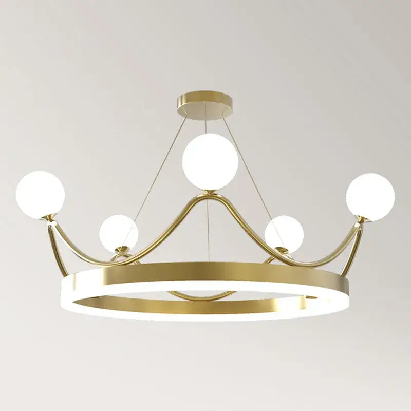 Elegant gold crown led chandelier featuring five spherical white glass bulbs and a circular ring base for kids room lighting