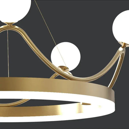 Elegant gold crown led chandelier featuring sleek curved arms and three white glass shades for kids room lighting