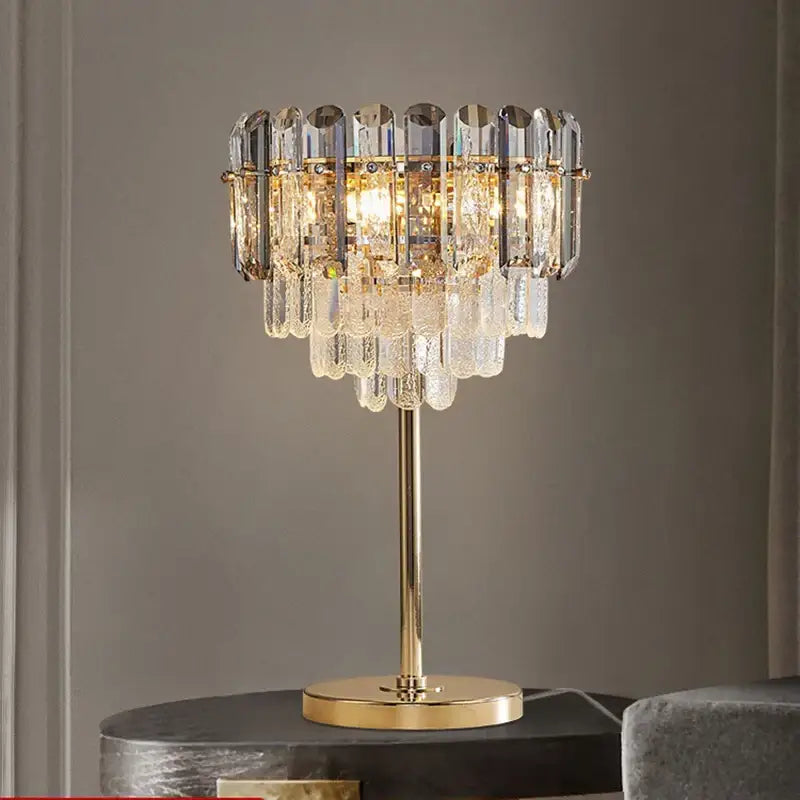 Elegant gold crystal bar table lamp with cascading clear and frosted prisms for refined dining room decorbites crystal bar style