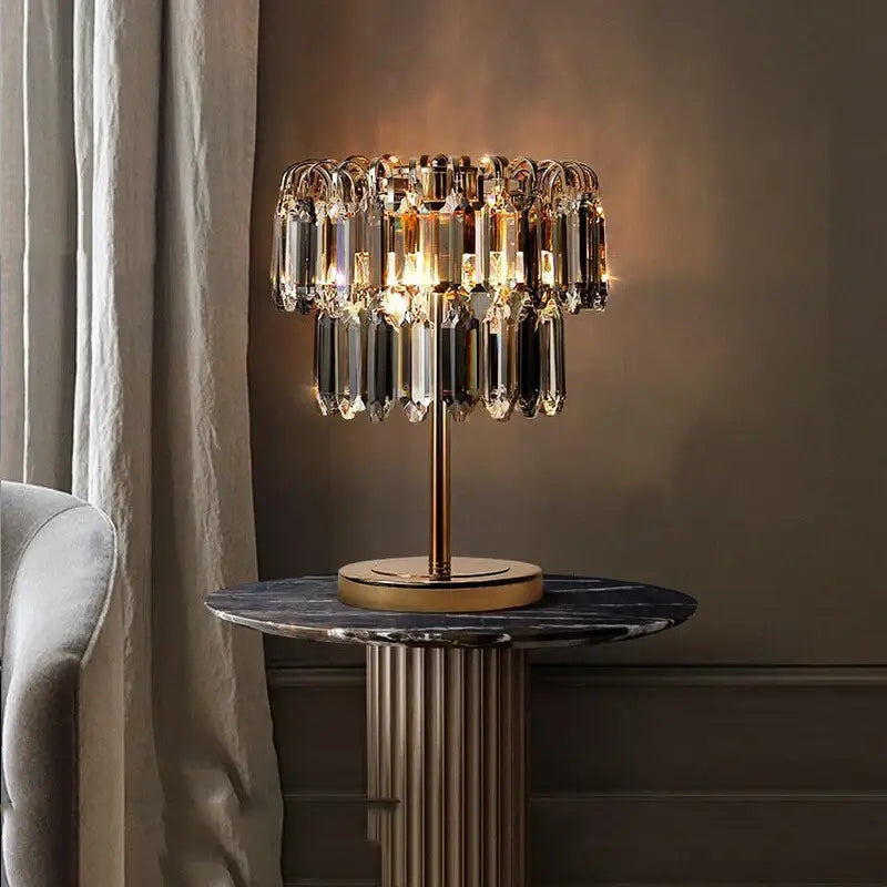 Elegant gold crystal bar table lamp featuring cascading crystal prisms for sophisticated dining room decorbites crystal bar style