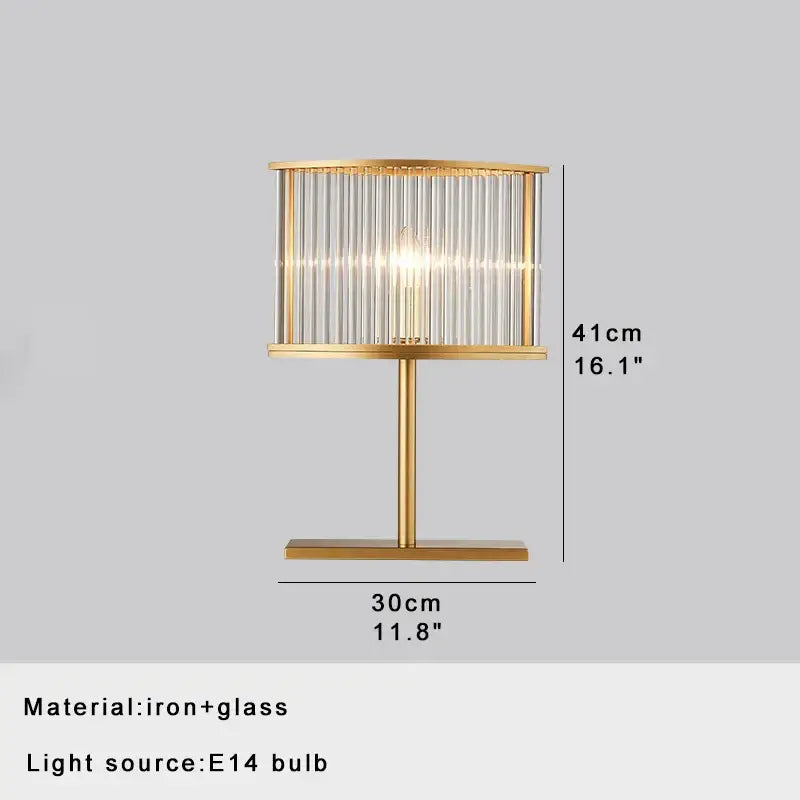 Elegant gold table lamp with cylindrical glass shade of vertical crystal rods and iron frame for dining room decorbites crystal bar