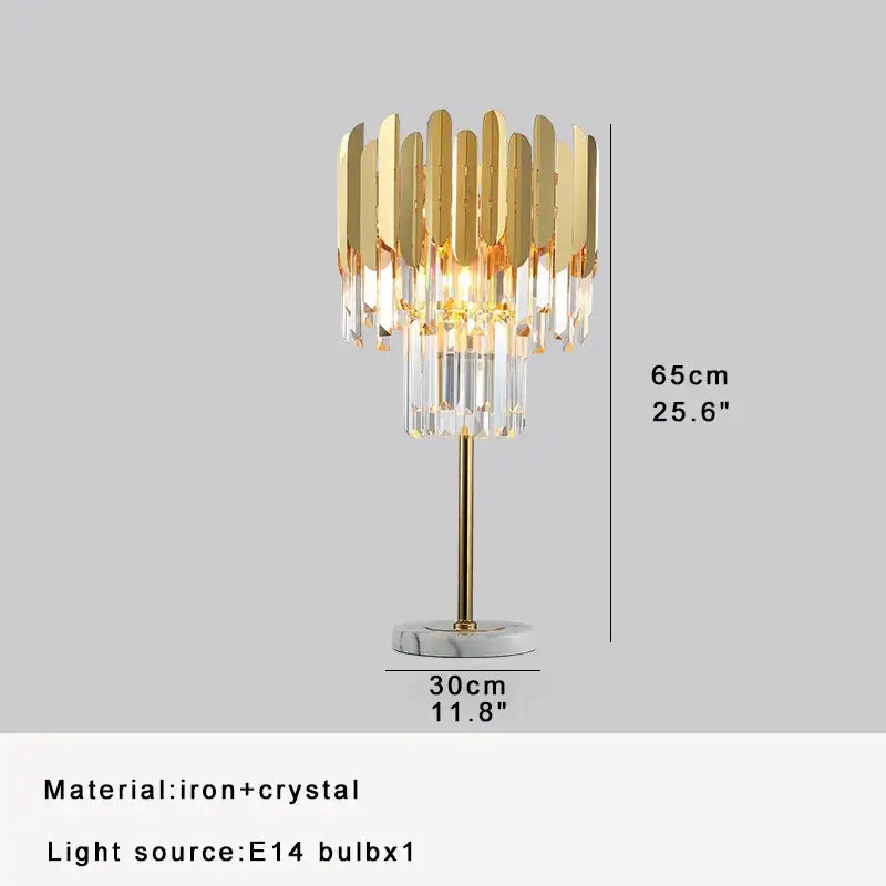 Elegant gold crystal bar table lamp with tiered metal slats and hanging crystals on a marble base for dining room decor