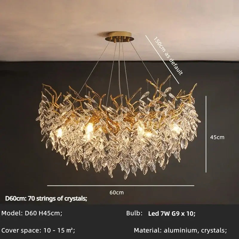 Elegant gold crystal branch chandelier dining room pendant light with cascading aluminum and crystal leaves by decorbites crystal branch