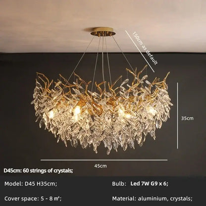 Elegant gold crystal branch chandelier dining room pendant light with intricate aluminum and crystal leaves by decorbites crystal branch
