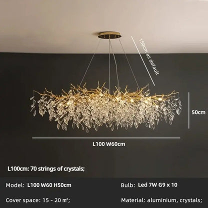 Elegant gold crystal branch chandelier featuring cascading clear crystal leaves suspended from aluminum mount for dining room decorbites crystal branch lighting
