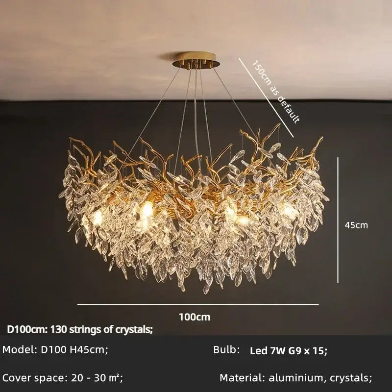 Elegant gold crystal branch chandelier featuring cascading crystal leaves and a central aluminum fixture for dining room decorbites crystal branch
