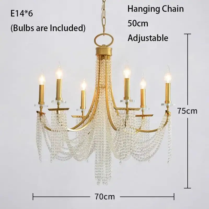 Elegant gold decorbites crystal candle chandelier with six candle-style bulbs and cascading clear crystal beads for dining room decor