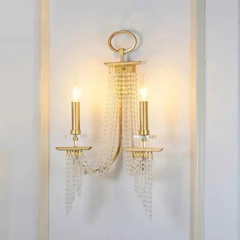 Elegant gold crystal candle chandelier with two candle-style lights and cascading beads for dining room decorbites crystal candle