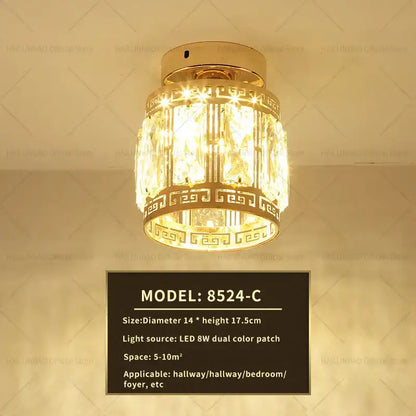 Gold-toned elegant crystal ceiling light with clear glass prisms and greek key pattern for hallway decorbites elegant crystal