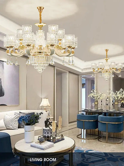 Elegant gold crystal chandelier with multiple glass shades and dangling crystal pendants for dining room decorbites elegant crystal