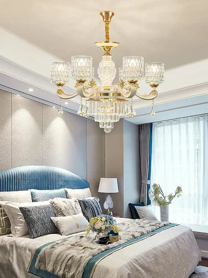 Elegant gold crystal chandelier with intricate glass shades and dangling crystals for dining room decorbites elegant crystal