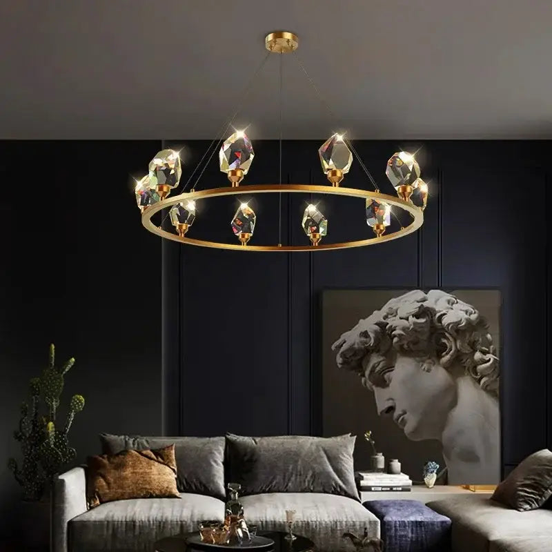 Elegant chandelier dining gold-toned circular pendant light with faceted crystal pendants by decorbites pendant lights
