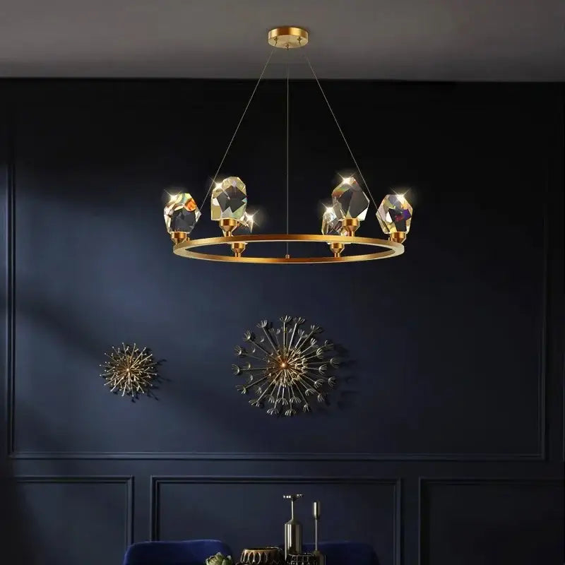 Gold-toned circular pendant lights with faceted crystal pendants for elegant chandelier dining room decorbites elegant chandelier