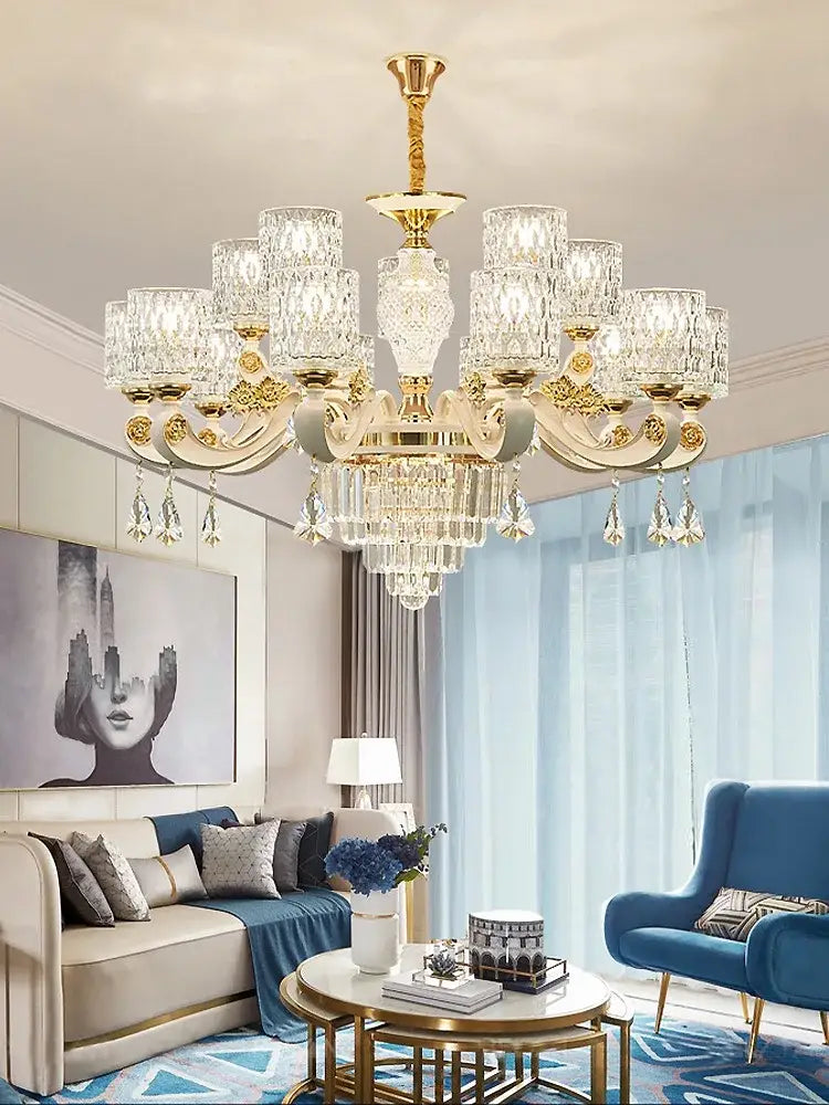 Elegant gold crystal chandelier with multiple crystal glass shades and dangling pendants for dining room decorbites elegant crystal