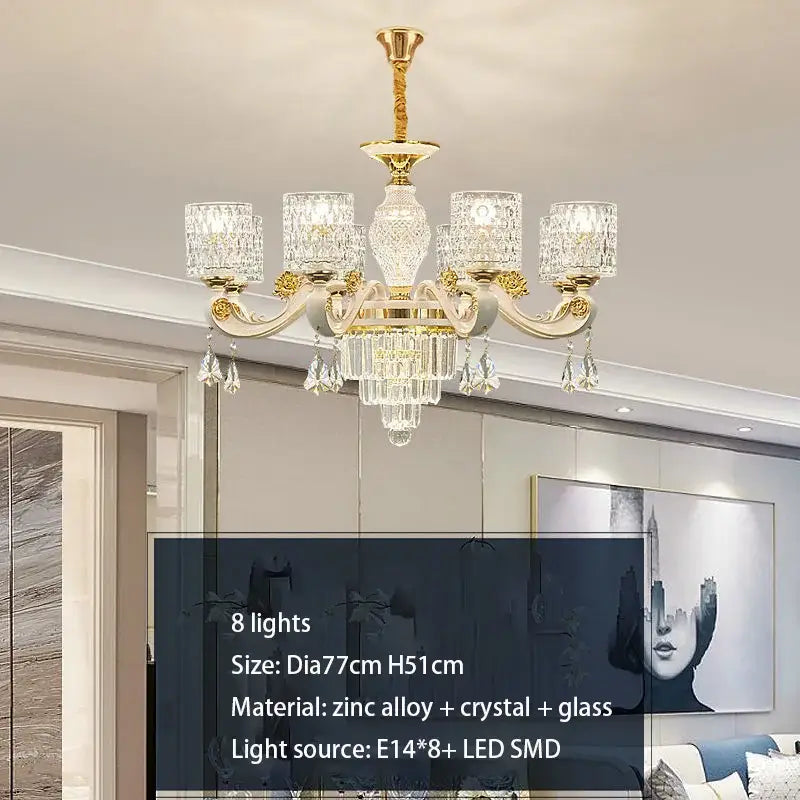 Elegant gold crystal chandelier with eight lights and glass accents for dining room decorbites elegant crystal pendant light