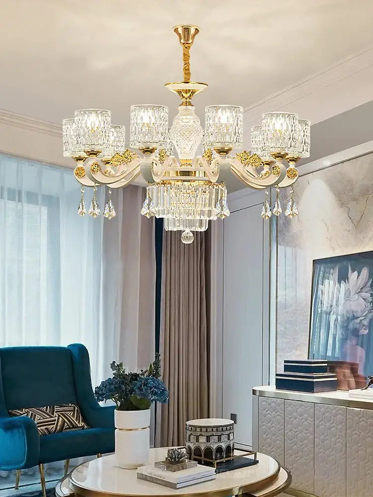 Elegant gold crystal chandelier with crystal glass shades and dangling crystals for dining room decorbites elegant crystal