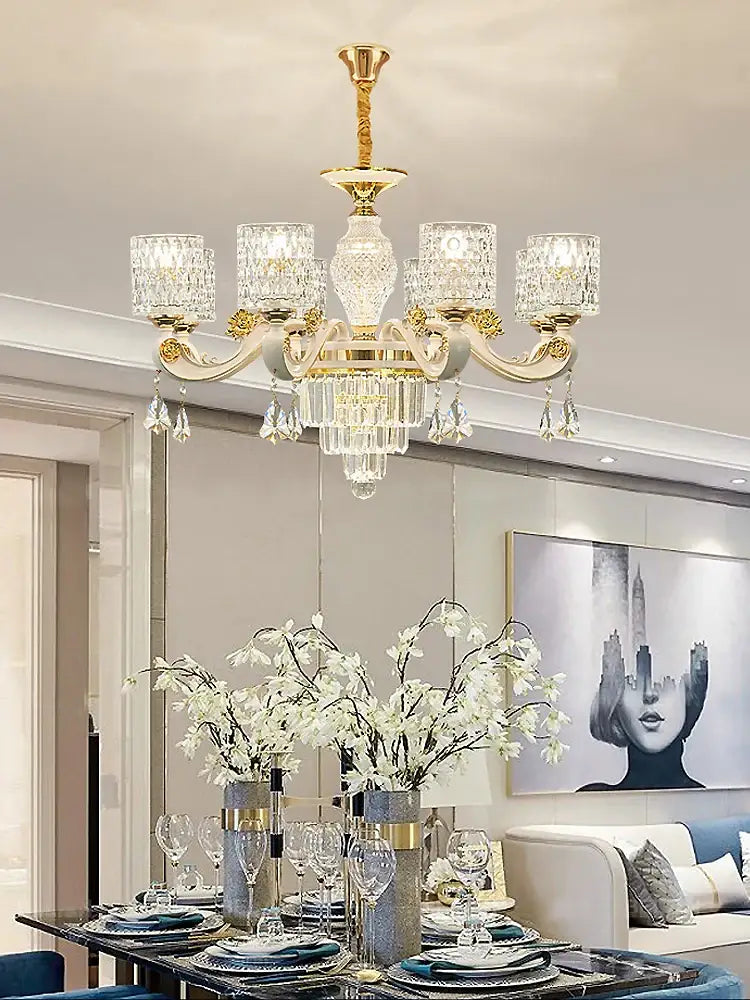 Elegant gold crystal chandelier with crystal glass shades and dangling crystals for dining room decorbites elegant crystal