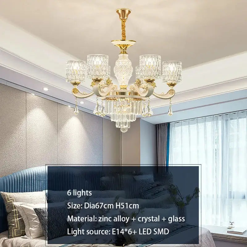 Elegant gold crystal chandelier with six glass shades and dangling crystals crafted from zinc alloy and glass for dining room decorbites elegant crystal chandelier