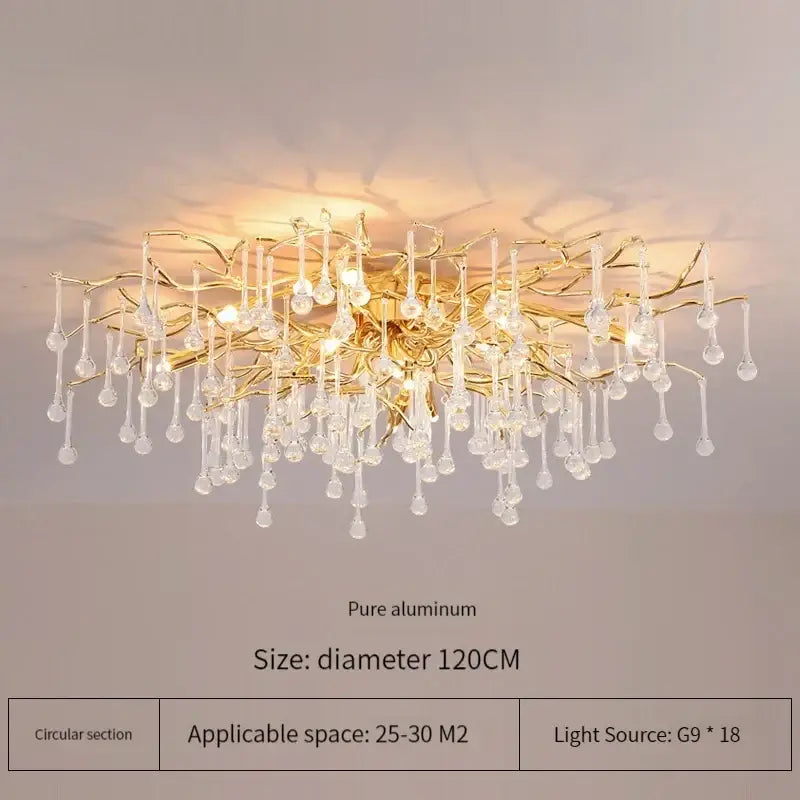 Elegant gold crystal chandelier with tree branch design, clear crystal droplets, and pure aluminum decorbites elegant gold