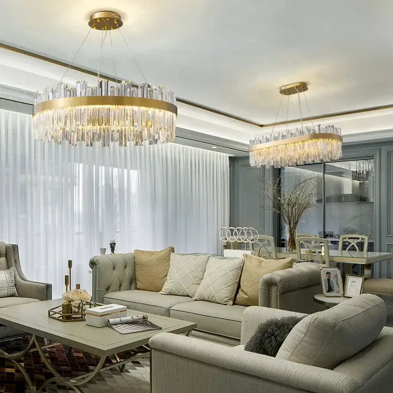Elegant crystal chandelier pendant light with gold tone and cascading crystal prisms for dining room decorbites elegant crystal