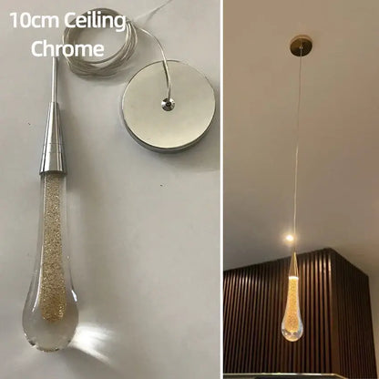 A 10cm chrome pendant light with a clear golden glitter-filled teardrop shade decorbites crystal glass led design