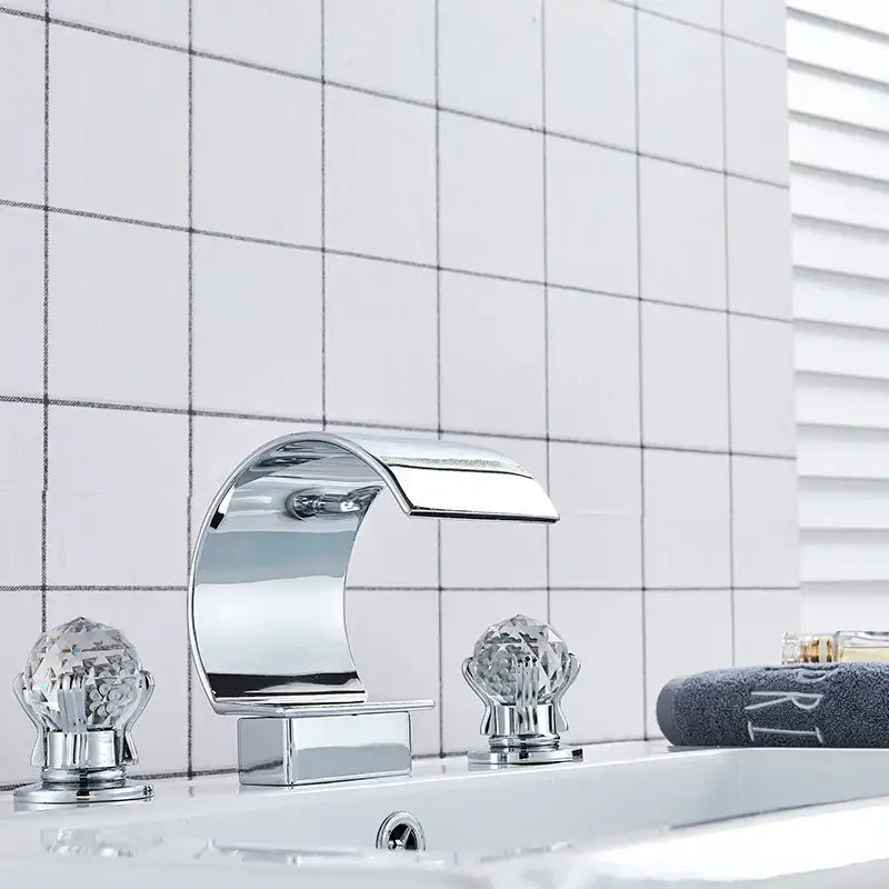 Chrome finished waterfall basin faucet set with elegant crystal knob handles for bathroom use