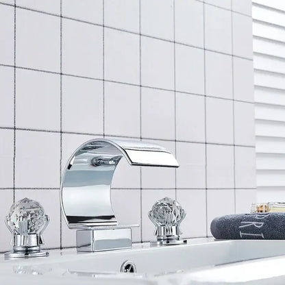 Chrome finished waterfall basin faucet set with elegant crystal knob handles for bathroom use