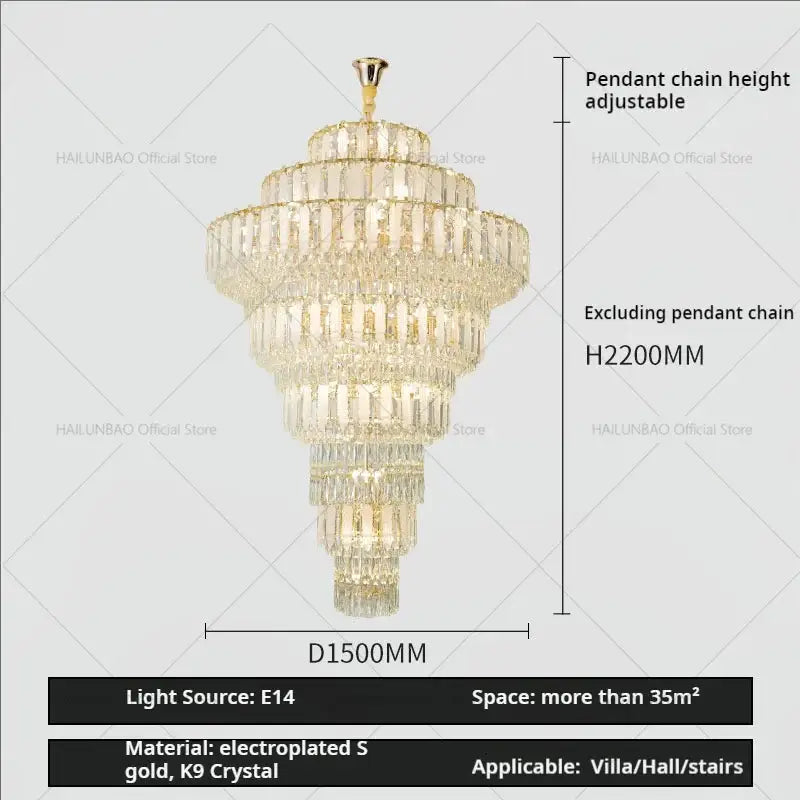 Elegant gold electroplated crystal hollow chandelier with cascading k9 crystal tiers for living room decor