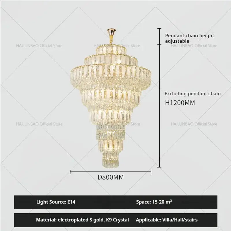 Elegant gold crystal hollow chandelier with cascading crystal strands and electroplated gold finish for living room