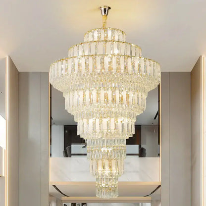 Elegant gold crystal hollow chandelier featuring multi-tiered cascading rectangular prisms for living room lighting