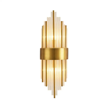 Elegant gold wall sconce light with vertical glass rods and central brass band for living room lighting
