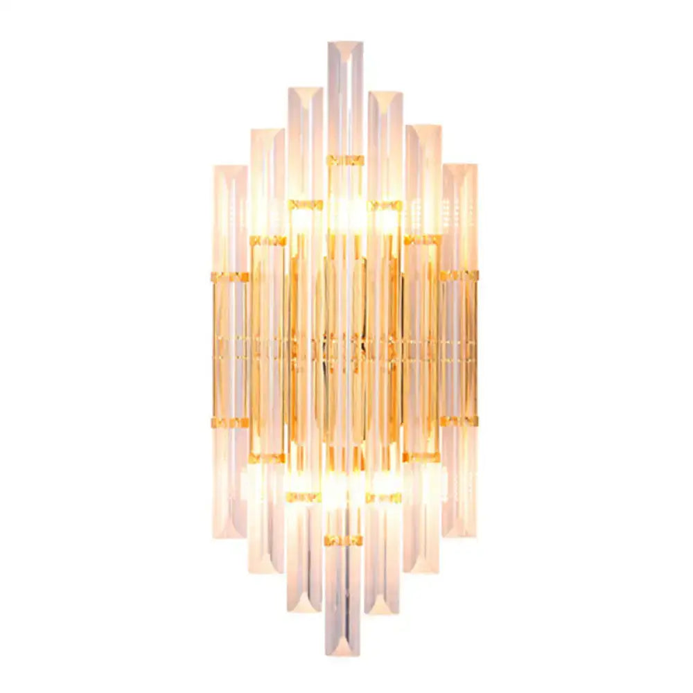 Elegant gold crystal prism wall sconce light with vertical translucent glass rods and gold-toned metal accents for living room