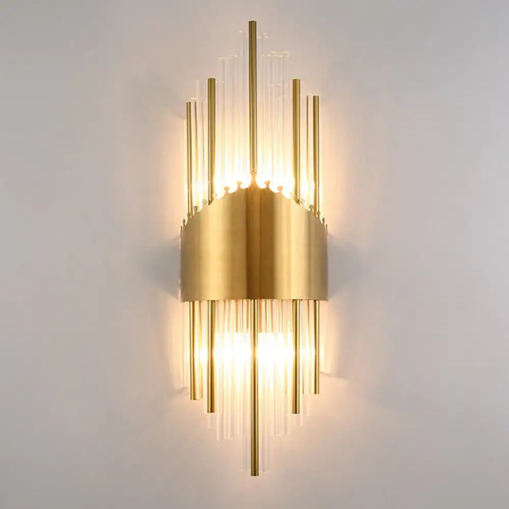 Elegant gold wall sconce light with vertical crystal prism rods and modern design for living room lighting