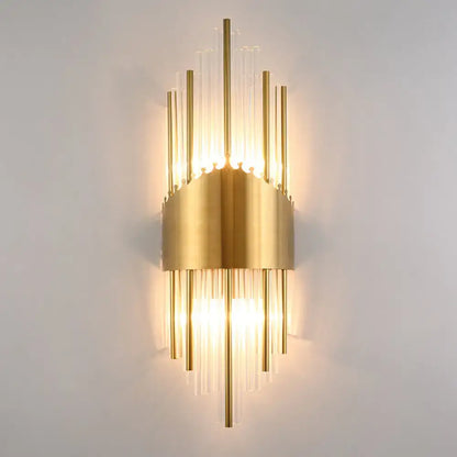 Elegant gold wall sconce light with vertical crystal prism rods and modern design for living room lighting