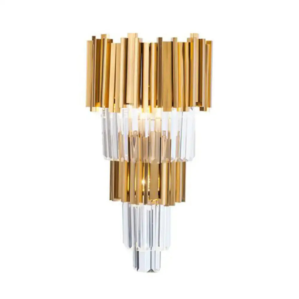 Elegant gold crystal prism tiered wall sconce light with vertical rods for living room shaded wall sconce lighting