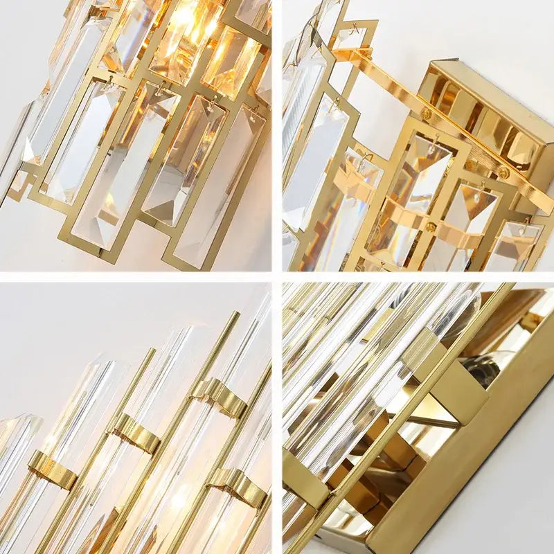 Elegant gold crystal wall lamp featuring a gold-toned geometric wall sconce with clear crystal prisms and glass rods