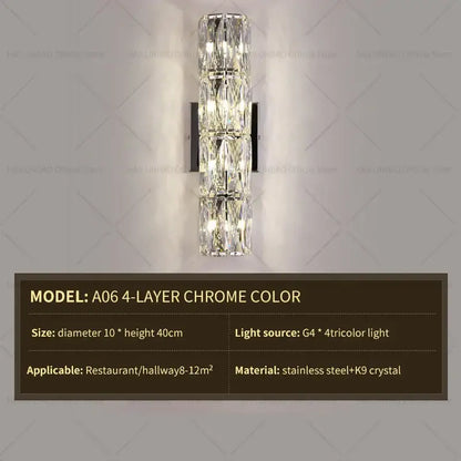 Elegant gold crystal wall lamp with chrome finish and stacked k9 crystal segments for refined living room decorbites crystal wall lighting