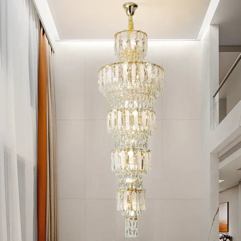Elegant gold duplex villa crystal light chandelier with multi-tiered cascading prisms for spiral staircase lighting