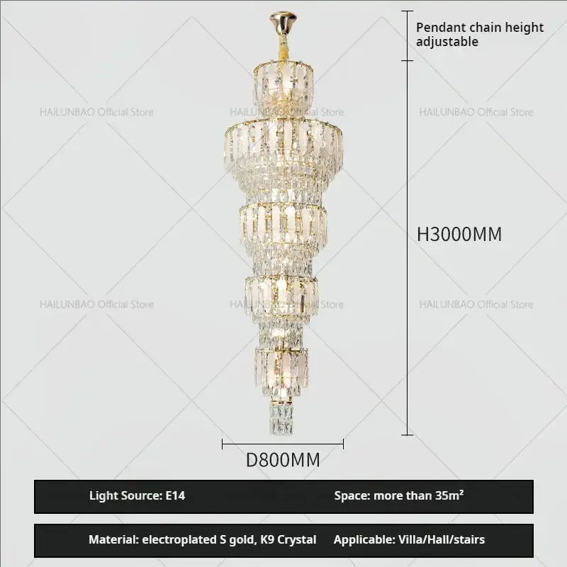 Elegant gold duplex villa crystal light chandelier with cascading k9 prisms and electroplated accents for staircases