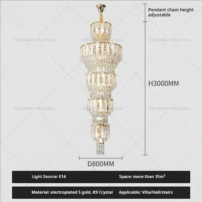 Elegant gold duplex villa crystal light chandelier with cascading k9 prisms and electroplated accents for staircases