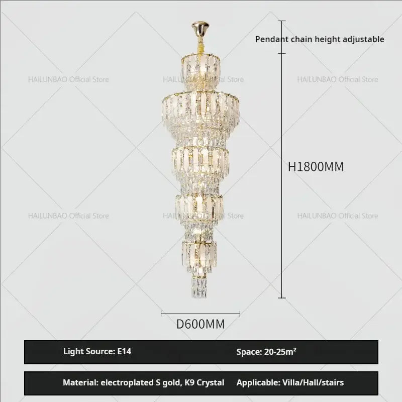 A tiered crystal chandelier with electroplated gold accents and k9 crystals for duplex villa crystal lighting