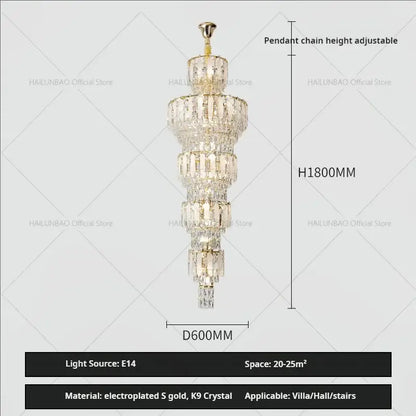 A tiered crystal chandelier with electroplated gold accents and k9 crystals for duplex villa crystal lighting