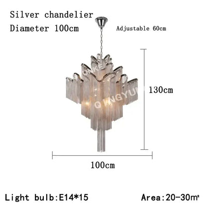 Silver decorbites fringed chandelier with tiered petal design in glass and metal for elegant dining room decor