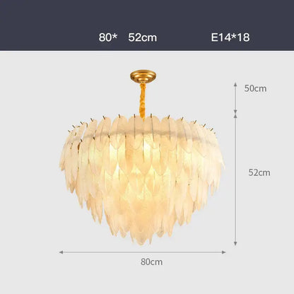 Elegant gold glass feather led hanging chandelier with layered translucent shell shades in cascading circular design for foyer