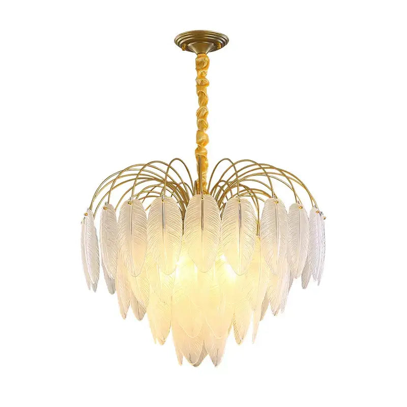 Elegant gold glass feather led hanging chandelier with translucent feather-shaped shades for foyer lighting