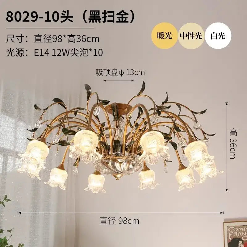 Elegant black-gold glass flower chandelier with ten frosted glass bell shades and crystal accents for lobby lighting