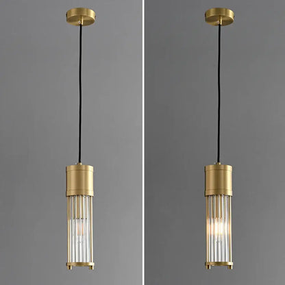 Elegant gold glass shade pendant lights with cylindrical design and vertical clear glass rods for kitchen and dining room