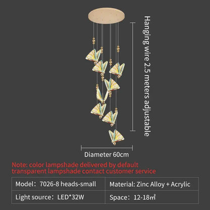 Elegant gold iridescent butterfly stairs bar pendant light with eight translucent butterfly lampshades on brass base