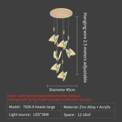 Elegant gold iridescent butterfly stairs bar pendant light with six translucent butterfly lampshades on brass base